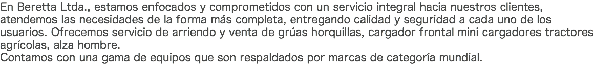 En Beretta Ltda., estamos enfocados y comprometidos con un servicio integral hacia nuestros clientes, atendemos las necesidades de la forma más completa, entregando calidad y seguridad a cada uno de los usuarios. Ofrecemos servicio de arriendo y venta de grúas horquillas, cargador frontal mini cargadores tractores agrícolas, alza hombre. Contamos con una gama de equipos que son respaldados por marcas de categoría mundial.